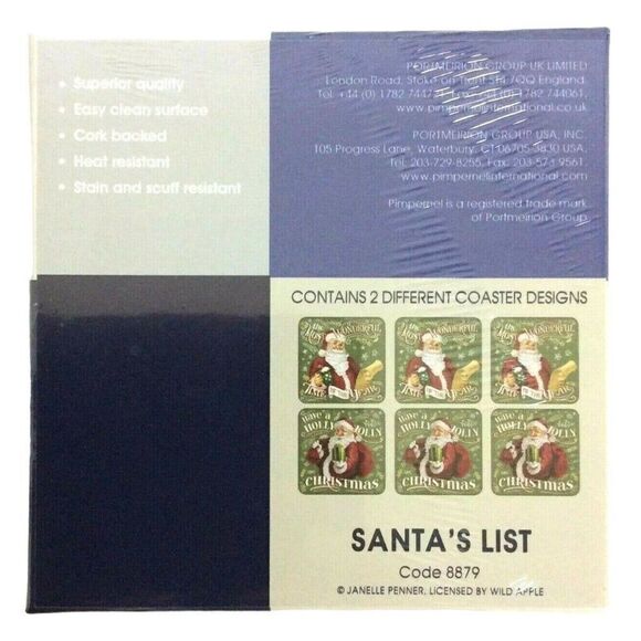 Pimpernel Santa Claus Coasters Set Of 6 Green Square Cork Back Holiday Christmas - Picture 3 of 3